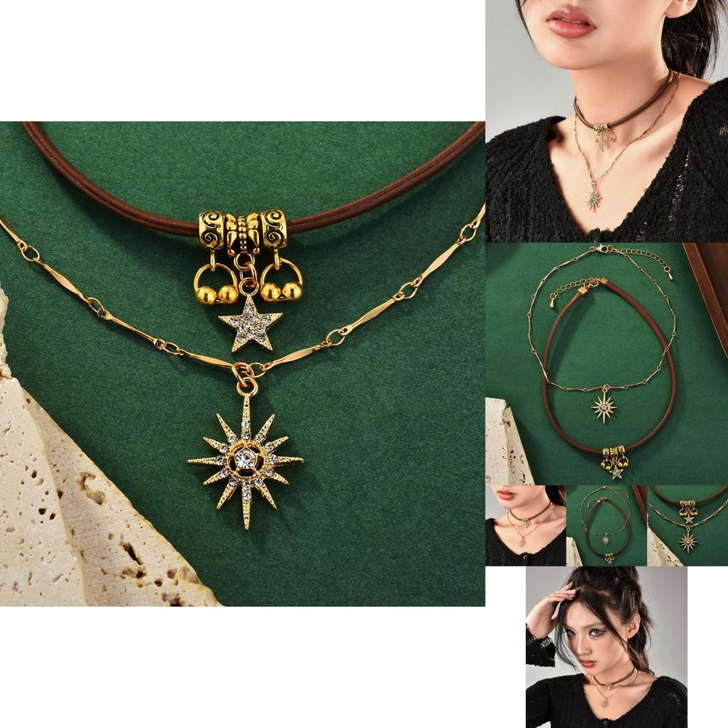 Stylish Two-layer Choker Necklace Set For Women With Rhinestone Stars And Flowers
