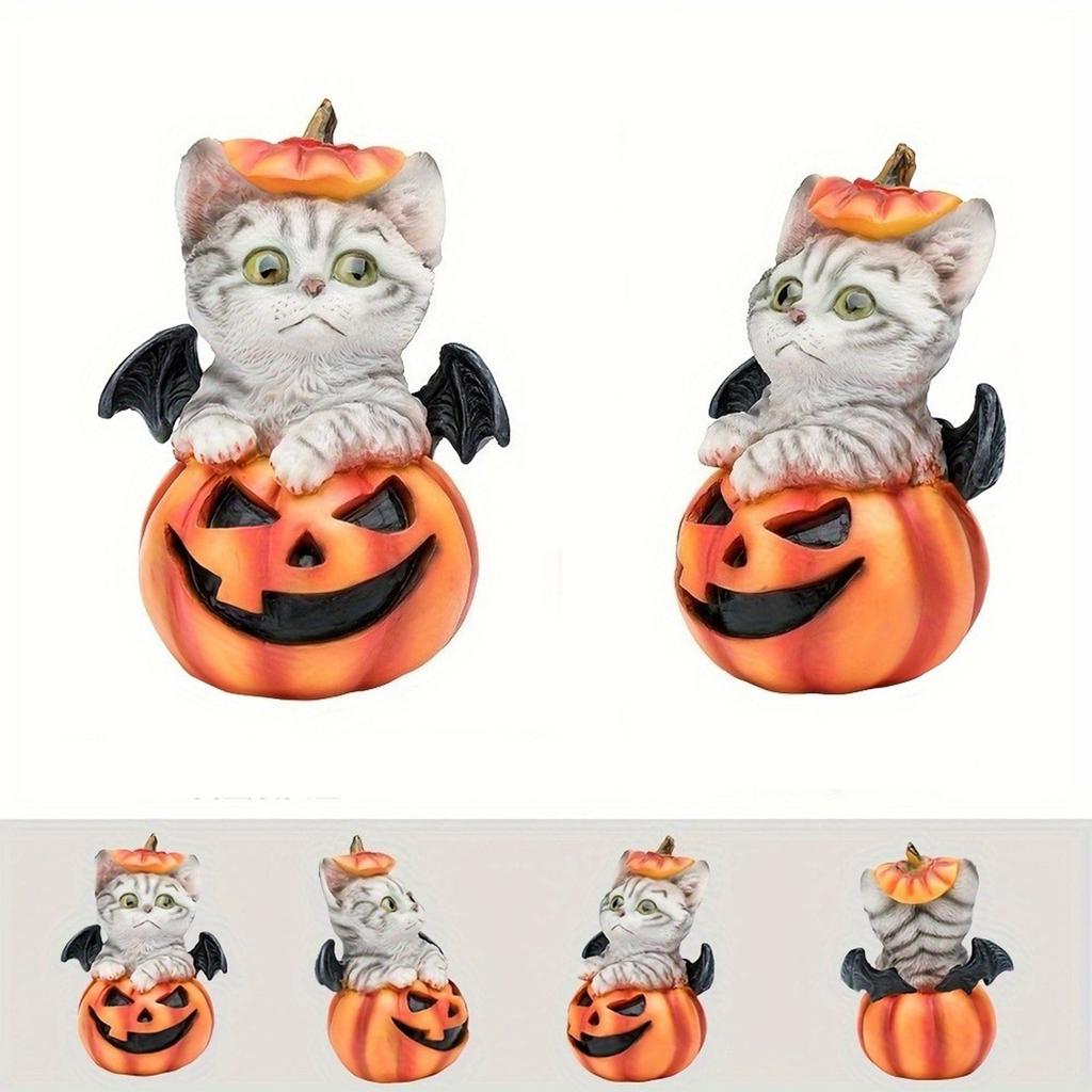Halloween Pumpkin Decorations Resin Pumpkin Figurines with Cat Table Centerpieces for Outdoor Indoor Fairy Garden Decors