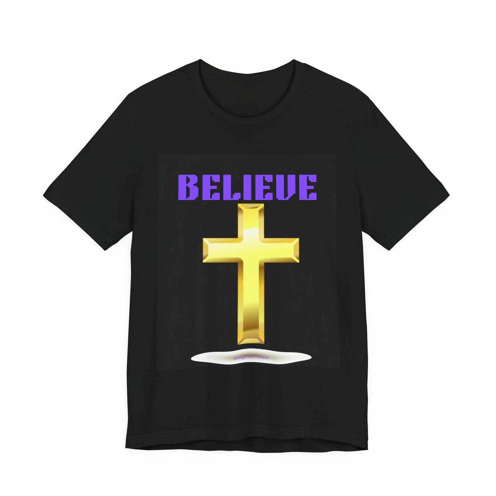 Believe Gold Cross T-Shirt | Christian Faith Tee L