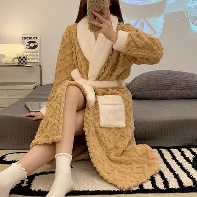 Wintertime Advanced Coral Fleece Solid Color Night Gown Thickened Long Style Ms. Warm Loose Large Size Loungewear Robes Women