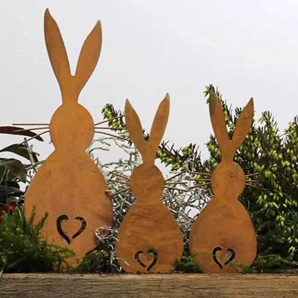 

3 Pcs Easter Rusty Metal Bunnies Yard Decors Garden Stakes NEW Bunnies Figurine Lawn