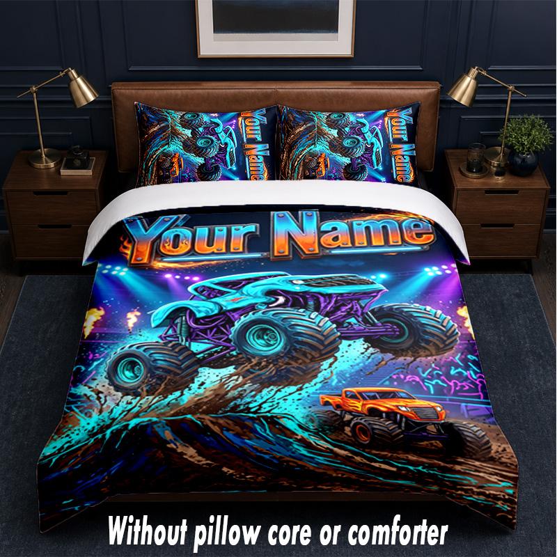 Monster Truck Theme Custom Text Or Name 3Pcs Bedding Set,1 Flat Sheet & 2 Pillowcases Personalized Home Bedding