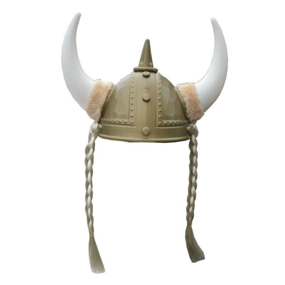 Plastic Viking Horn Hat Helmet with Braids Bull Horn Headgear Adult Kid
