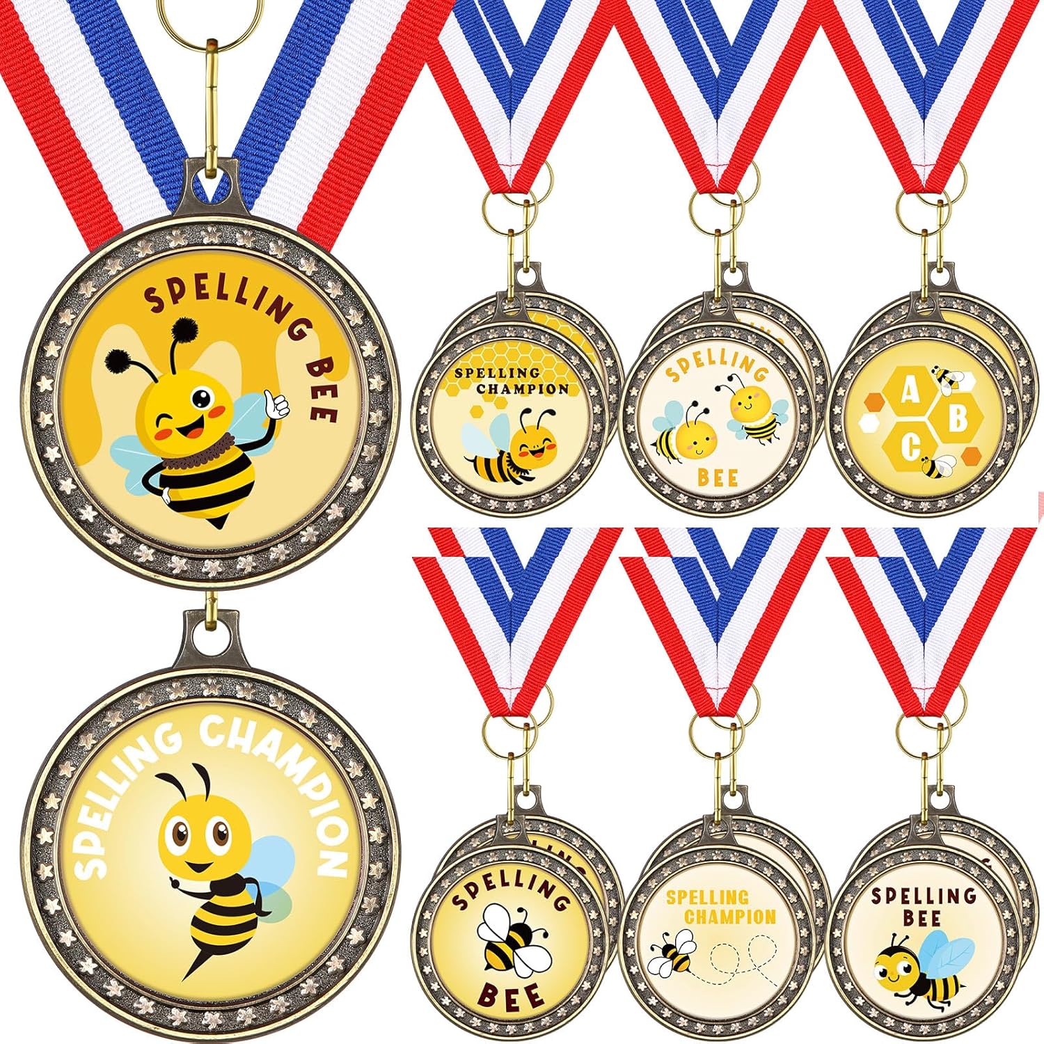 Riceshoot 24 Pcs Spelling Bee Award Medals with Neck Ribbon 2 Inch Spelling Bee Honeycomb Medal Trophy Medal Awards Prizes Winner Medals for School