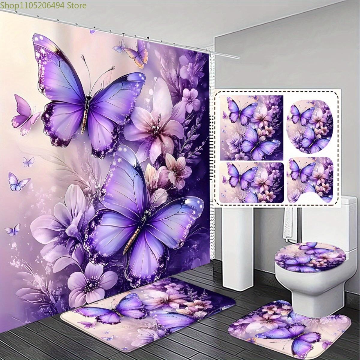 

1/3/4pcs, Transform Your Bathroom with Purple Butterfly 2D FLAT Shower Curtain and Matching Rug Set - Elegant Floral Design fo 4pcs-Set