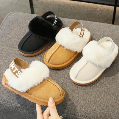 Pantoufles en fourrure à bande élastique tendance pour enfant fille, design de marque, sandales d'hiver en peluche, mules de luxe à enfiler à plateforme, chaussures chaudes d'intérieur pour enfant