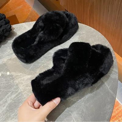 2024 Neue Winter Haus Baumwollschuhe Damen Schwammsohle Quadratische Zehenpartie Kurze Plüschpantoffeln Draußen Flach mit Baumwollpantoffel Damen