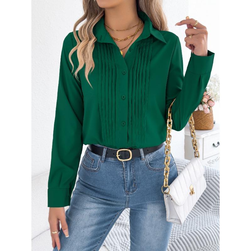 

Spring and Summer Elegant Ruffled Solid-color Buttoned Long-sleeved Business Shirt for Women XL зелений