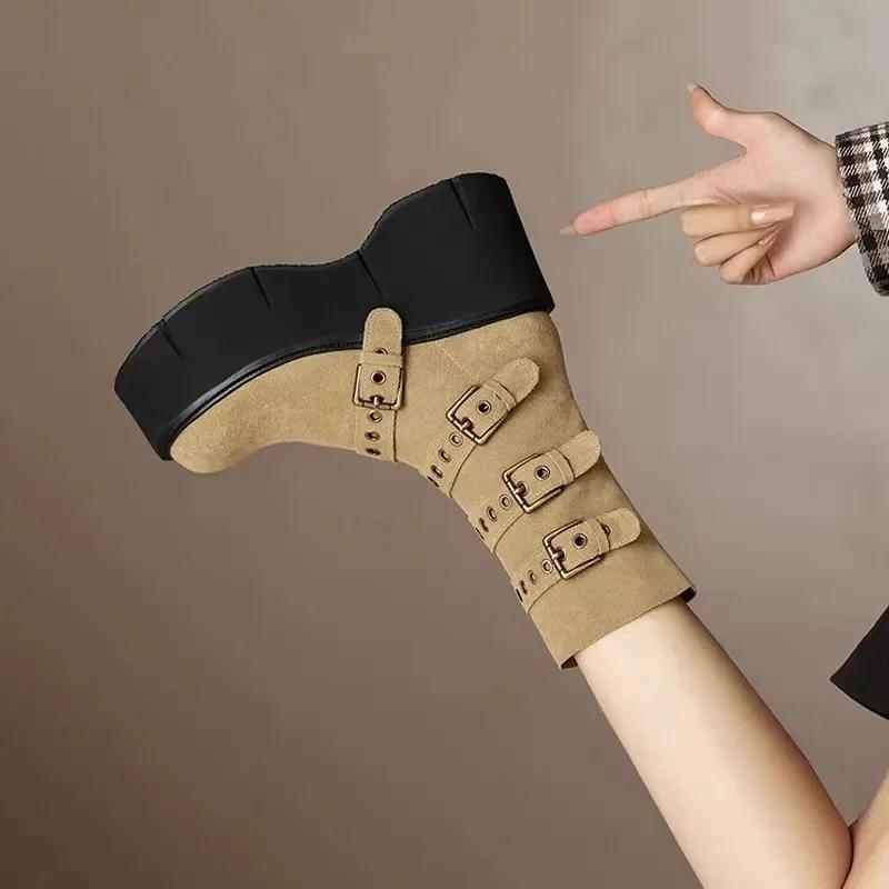 Fashion 2025 New Women's Boots Autumn New Super High Heel 9cm Wedges Thick Soled Boots Zipper Belt Buckle Anti Slip Outdoor Short Boots