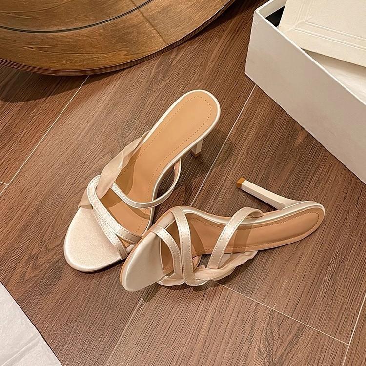 

Satin high heels women wear foreign style slippers with open-toed mesh stiletto sandals year 34 абрикосовый