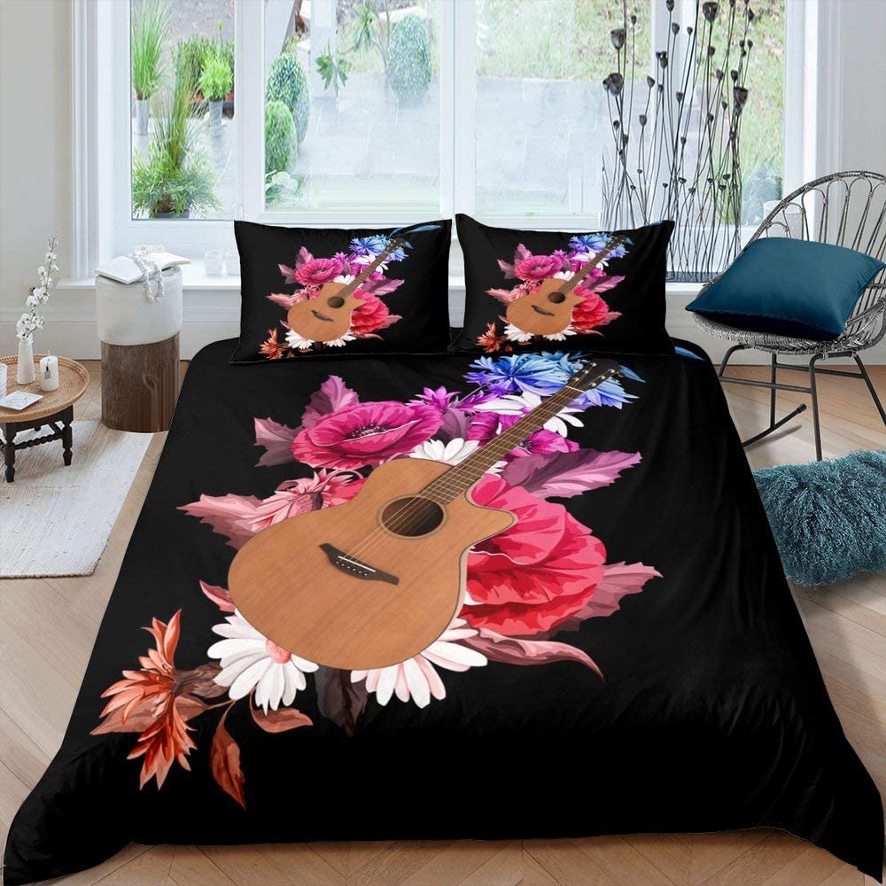Guitar Duvet Cover Set King Queen Full Size Watercolour Style Polyester Comforter Cover For Kids Boys Girls Teens Bedding Set