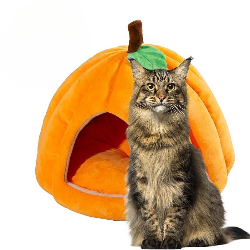 3D Pumpa Kattbädd Husdjurshus Halvt slutet Avtagbar Botten Halkfri Mjuk PP Bomull Vinterlämplig För Katt/Hund Varm Förtjockad Husdjursbädd