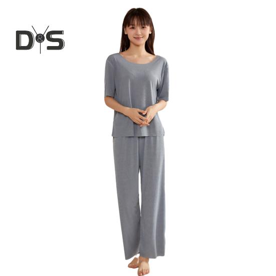 Women's Ice Silk Pajamas Set Short Sleeved Top Wide Leg Pants Sleepwear Set Summer Ultra Thin Two Piece Lounge Nightwear