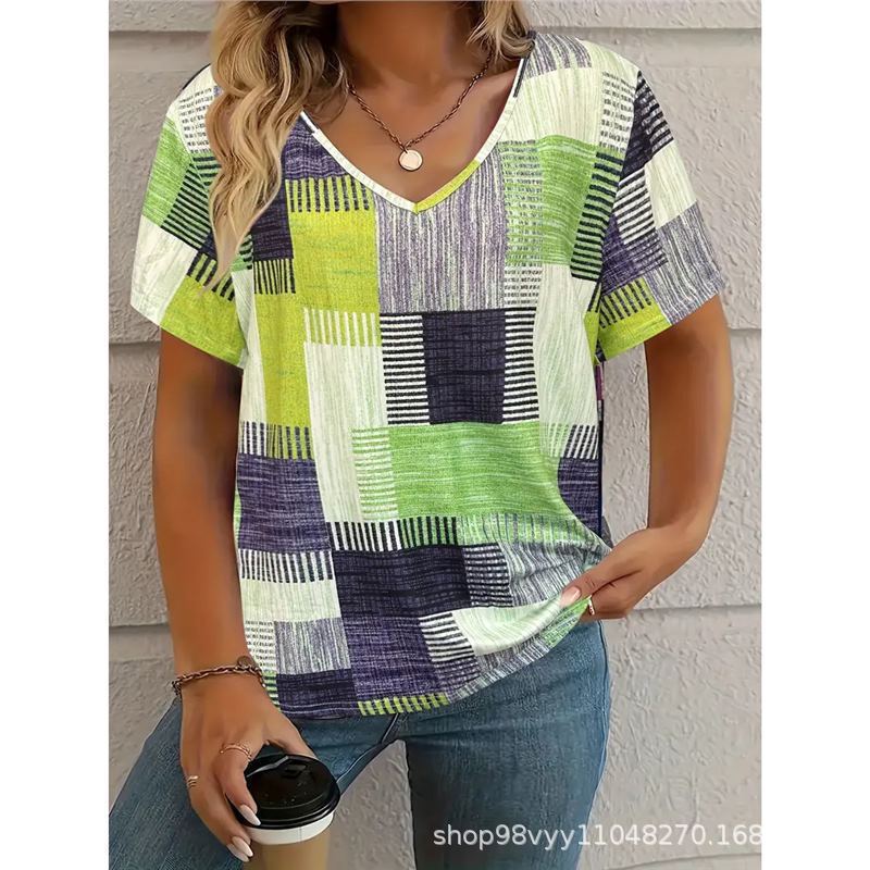 Women V Neck Geometric Patchwork Print Short Sleeve Casual Loose Summer T Shirt Tops