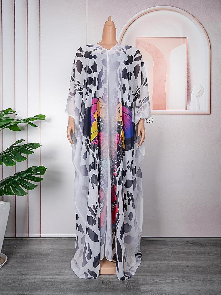 African Women's Plus Size Chiffon Print Beach Dress and Robe Set