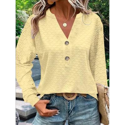 V-hals Effen Kleur Dames Shirt Knoop Decor Stijlvolle Uitgesneden Blouses Losvallende Pasvorm Lange Mouw Herfst Dameskleding