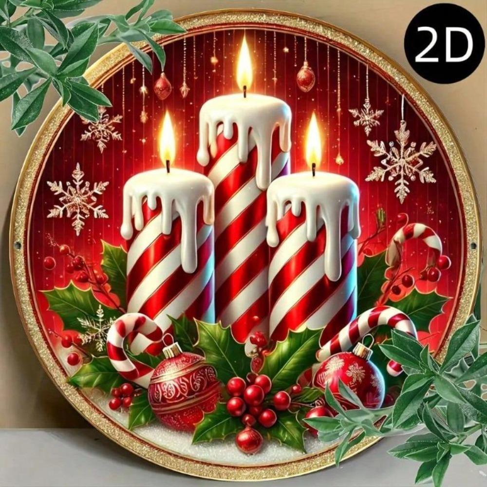 2D Flat Metal Tin Sign Merry Christmas Wall Art with Holly Berries Candles Home Office Cafe Decor