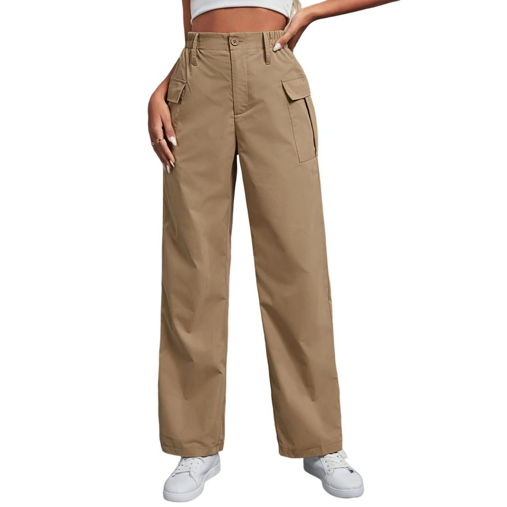 Ladies' Fashionable Color Straight Leg Pants With High Waist Pockets Casual Pants