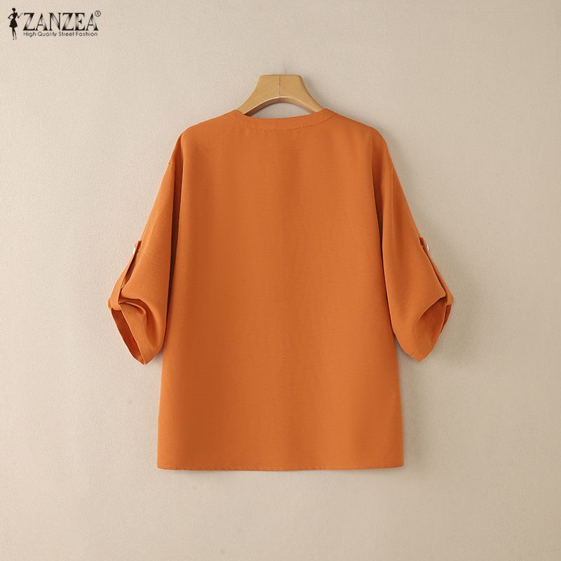 ZANZEA Lässige Bluse mit V-Ausschnitt und einfarbigen, lockeren Halbarm-Shirts für Damen
