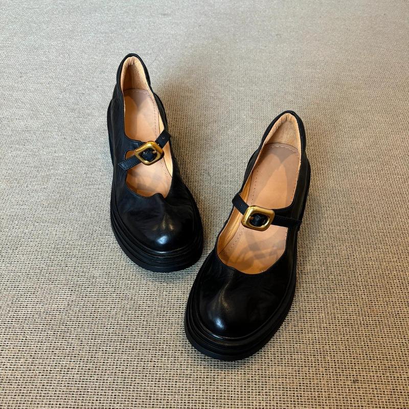 British Versatile Platform Round Head Small Leather Shoes Women's Retro Light Mouth One-word Buckle Thick Heel Mary Jane Shoes