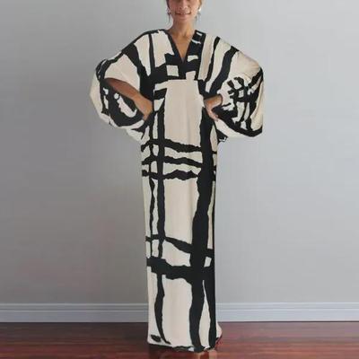Women's Retro V-Neck Mid-Sleeve Printed Dress - Large Size