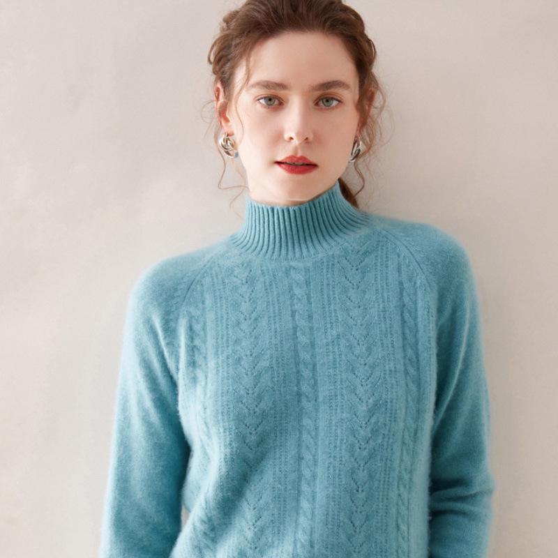 Women's 100% Wool Jacquard Sweater, Half-High Neck, Loose Knit Pullover for Autumn/Winter