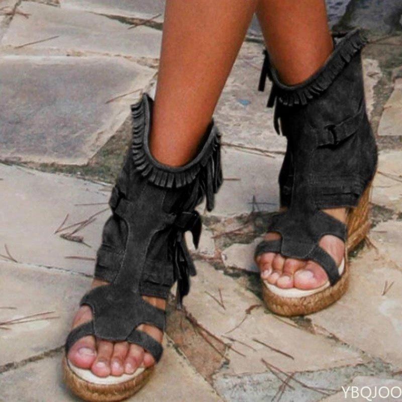 Sandały damskie Lato 34-43 plus Size Buty damskie platforma Koturny Buty z frędzlami Zamknięte palce Rybie usta Buty damskie
