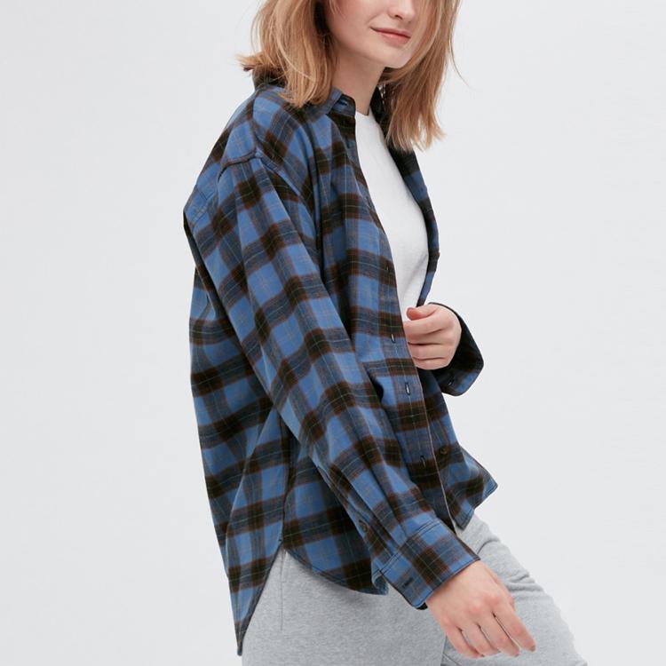 UNIQLO Loose Fit Plaid Flannel Long Sleeve Shirt Women shirts Light-Blue 451099-64