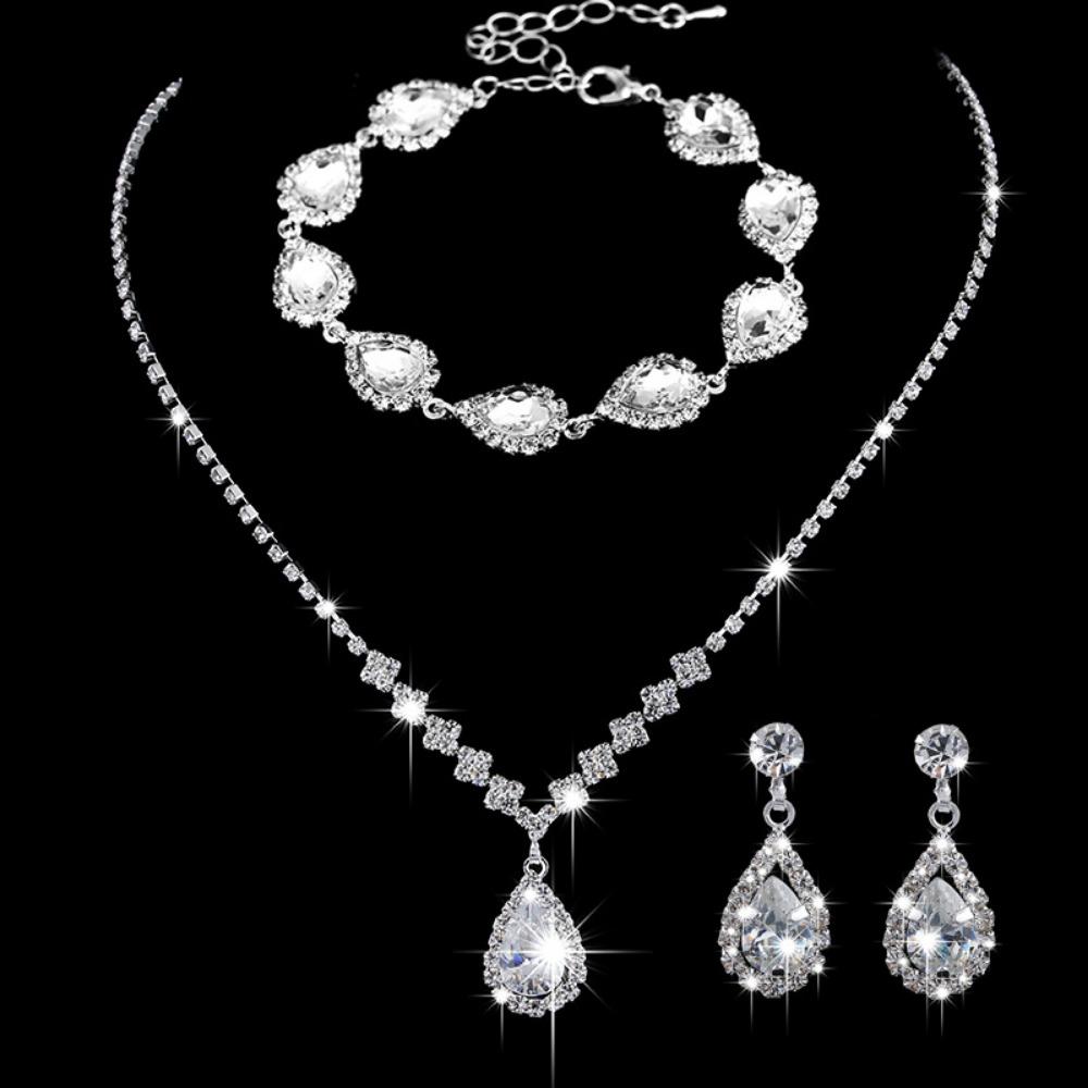 Bright Diamond Zircon Water Drop Necklace Earrings Wedding Jewelry, Shooting Jewelry Set