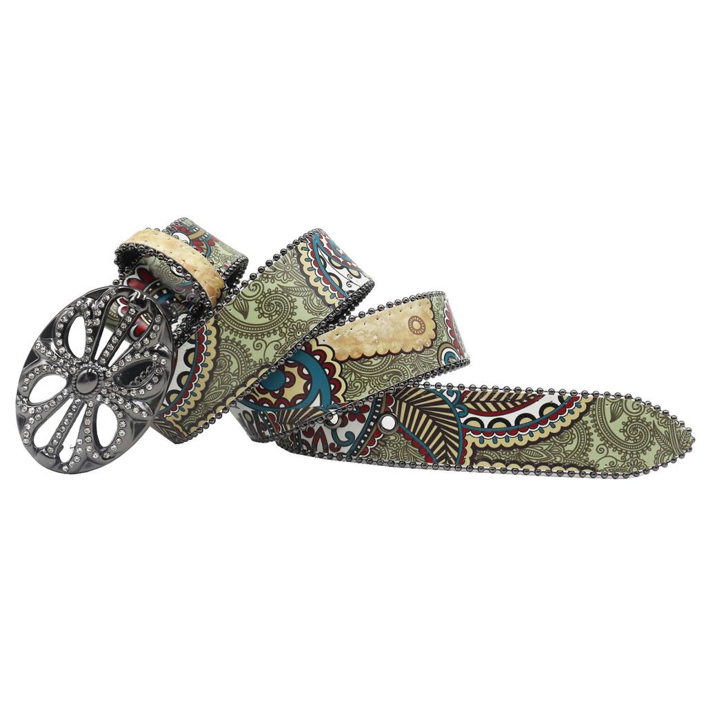 Y2K Ethnic Style Retro Rhinestone PU Leather Belt by American Yabby