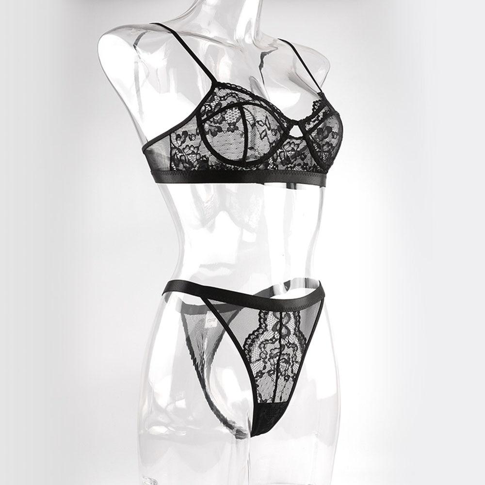 Sexy Perspective Lingerie Lace Bra Bikini Pajamas Underwear Three-point Split Bra Briefs Set