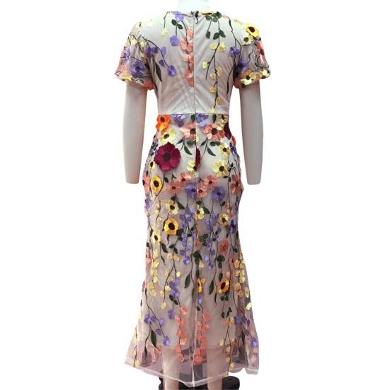 Women Fishtail Dress Round Neck Puff Short Sleeve Embroidered 3D Flower Decor Midi Dress Hip Wrapped Long Dress