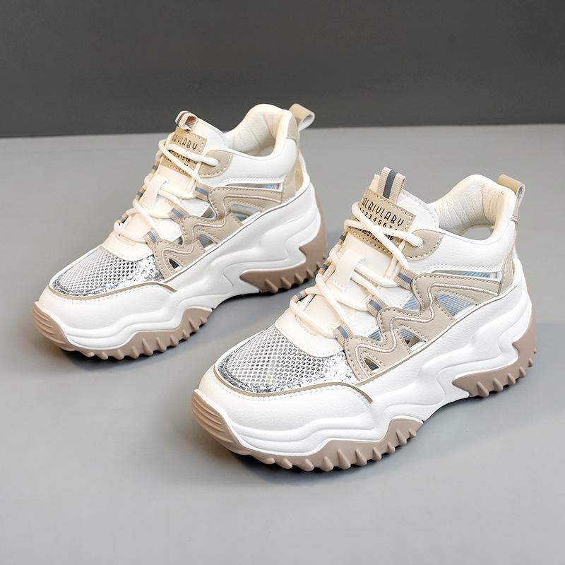 

[Customized] YDZ419 new dad shoes women s shoes 2025 spring and autumn Korean version hollow splicing mesh surface heightened thick sole 35