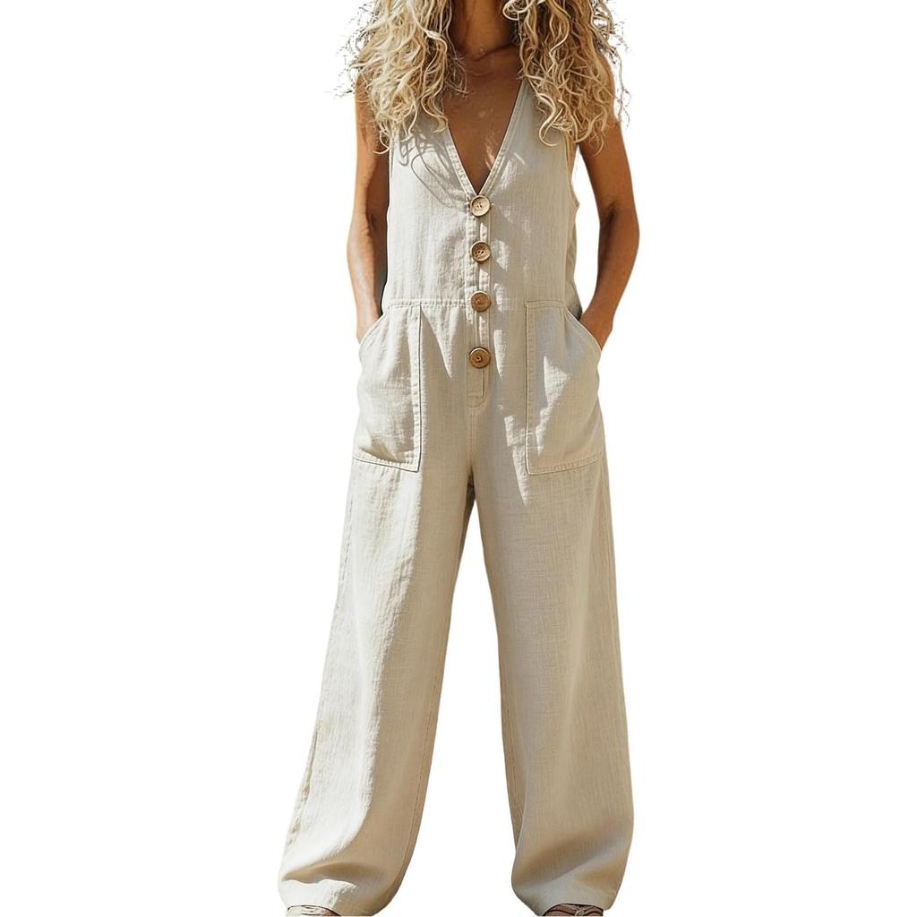 Sleeveless Wide Leg Jumpsuit for Women with Button Front and Deep V Neck Casual Loose Fit Romper with Pockets