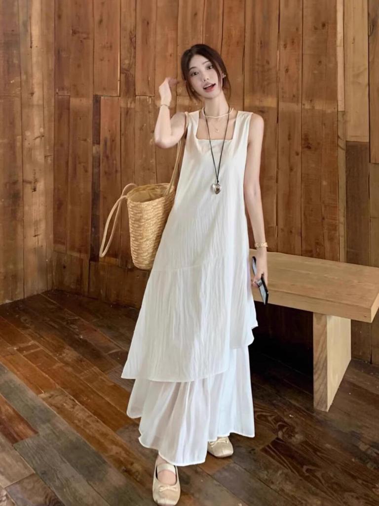Korean Style Irregular Spaghetti Strap Summer Dress - Women's Loose Slimming Long Design for 2026