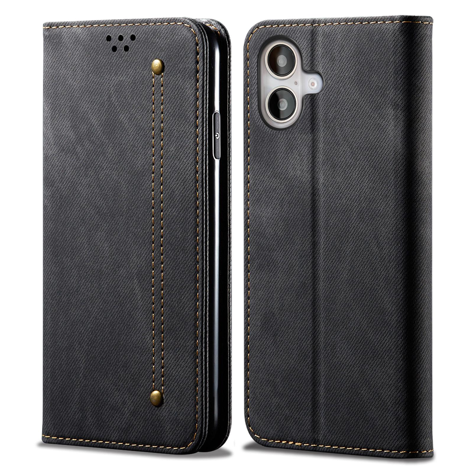 

For iPhone 16 Case Jeans Cloth Texture Anti-Scratch Leather Stand Phone Cover