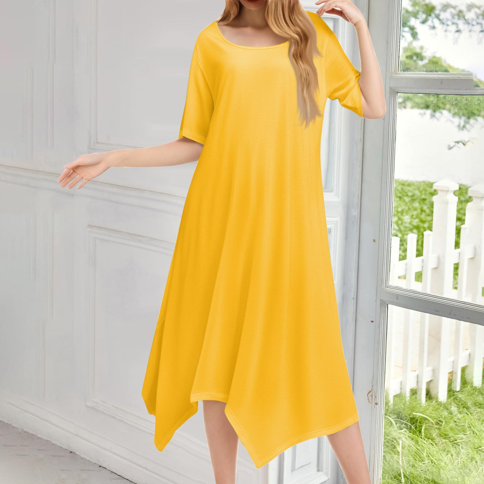 

Женское повседневное модное платье миди с круглым вырезом и коротким рукавом, однотонное, с неровным подолом XL жёлтый
