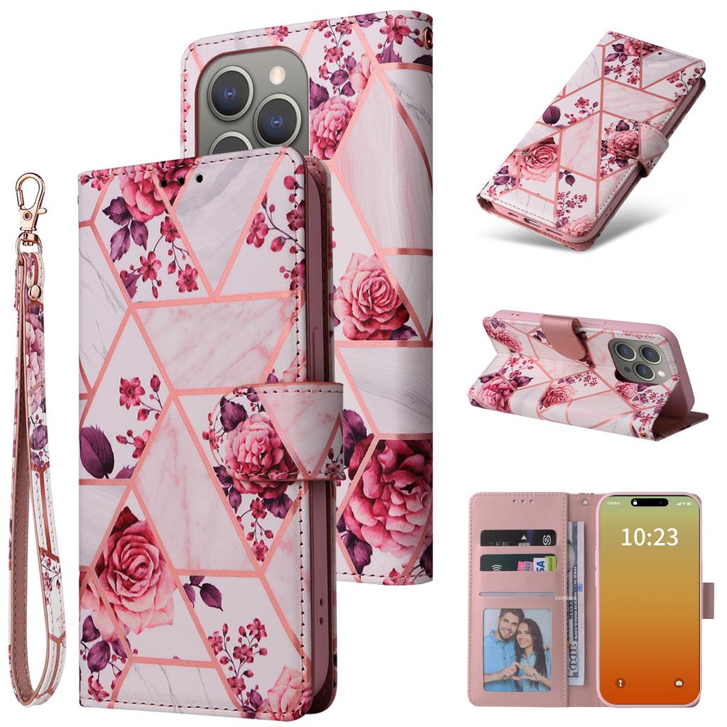 Applicable to iPhone15 mobile phone leather case 15Pro bronzing marble card wallet protective case 15ultra