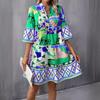Women's Bohemian Geometric Print V‑Neck 3/4 Bell Sleeve Ruffle Hem Loose A‑Line Mini Dress