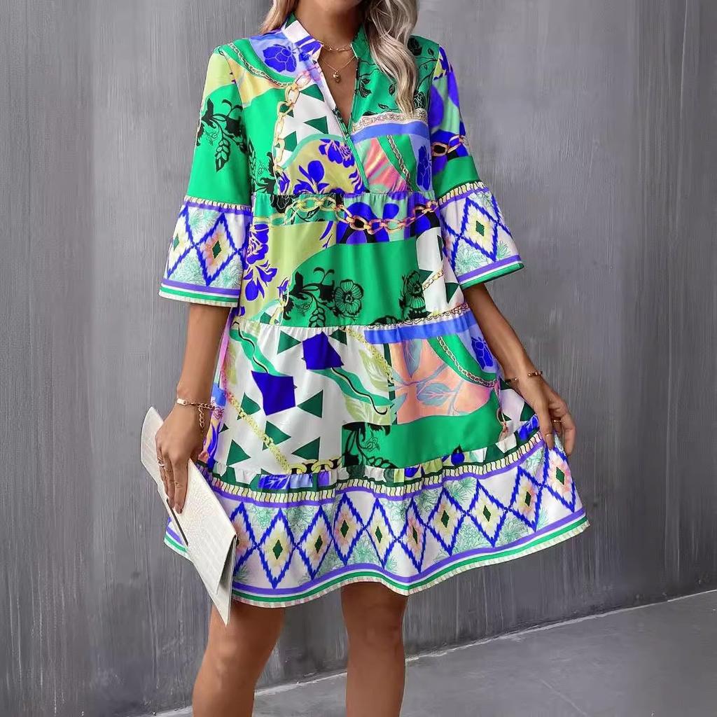 Women's Bohemian Geometric Print V‑Neck 3/4 Bell Sleeve Ruffle Hem Loose A‑Line Mini Dress