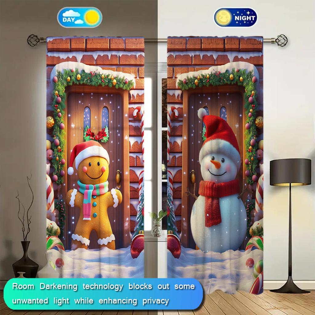 2 szt. Świąteczna zasłona z nadrukiem piernika i bałwana na dekorację domu na Boże Narodzenie - Kieszeń na karnisz, dekoracja okna do sypialni