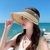 Summer Outdoor Travel Sun Hat for Women, Korean Version Grass Woven Hollow Top Hat, Headband, Large Eave Sun Protection Sun Hat