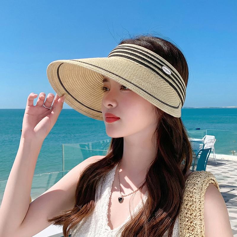 Summer Outdoor Travel Sun Hat for Women, Korean Version Grass Woven Hollow Top Hat, Headband, Large Eave Sun Protection Sun Hat
