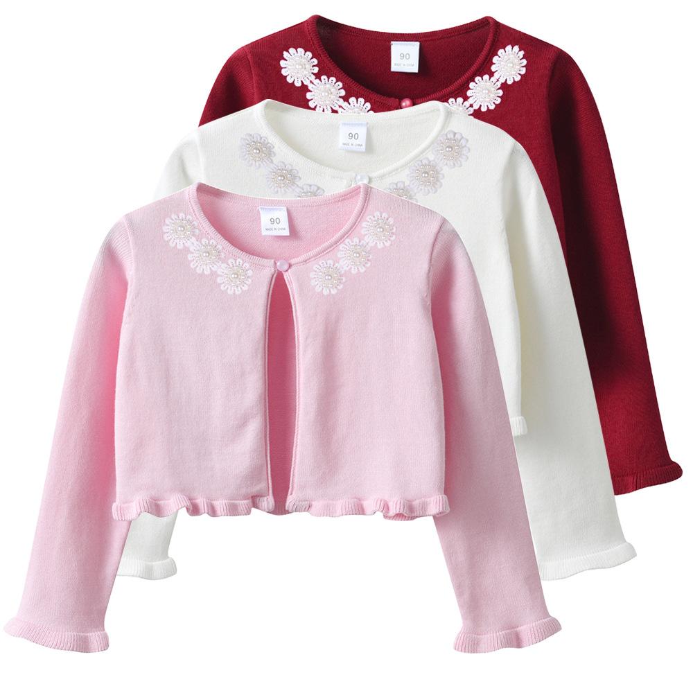 Flower Beaded Cotton Girls Knitted Cardigan Jacket Children's Small Shawl Matching Dress