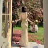 French Yellow Floral Spaghetti Strap Dress for Women, Summer Beach Vacation, Slimming Mesh Fishtail Hip-hugging Long Dress