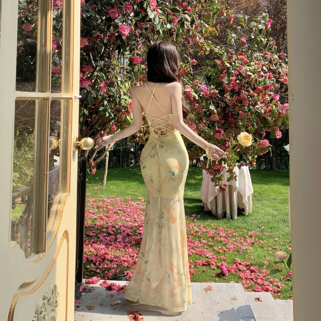 French Yellow Floral Spaghetti Strap Dress for Women, Summer Beach Vacation, Slimming Mesh Fishtail Hip-hugging Long Dress