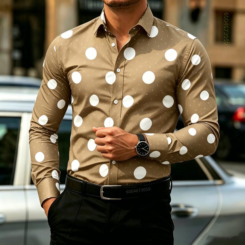 Camicia da Uomo a Pois Manica Lunga, Camicia Business Casual Slim Fit, Top da Uomo Tendenza Moda Casual da Esterno