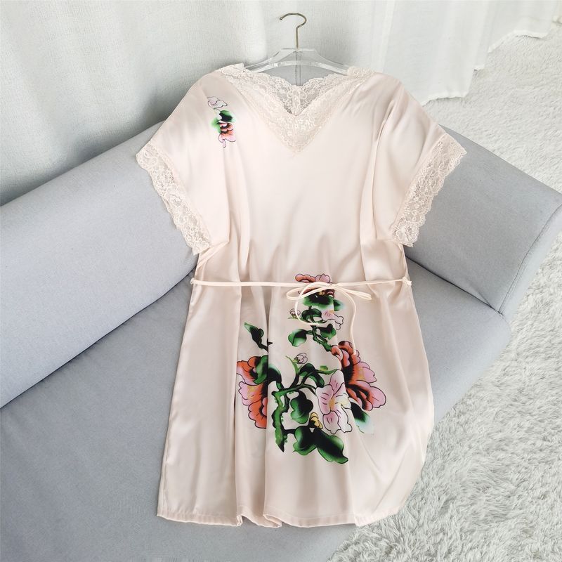 

Summer New Arrival K-style Ice Silk Pajamas Women s Short-Sleeved Nightdress Thin V-neck Noble Silk Home Wear Beige All yards