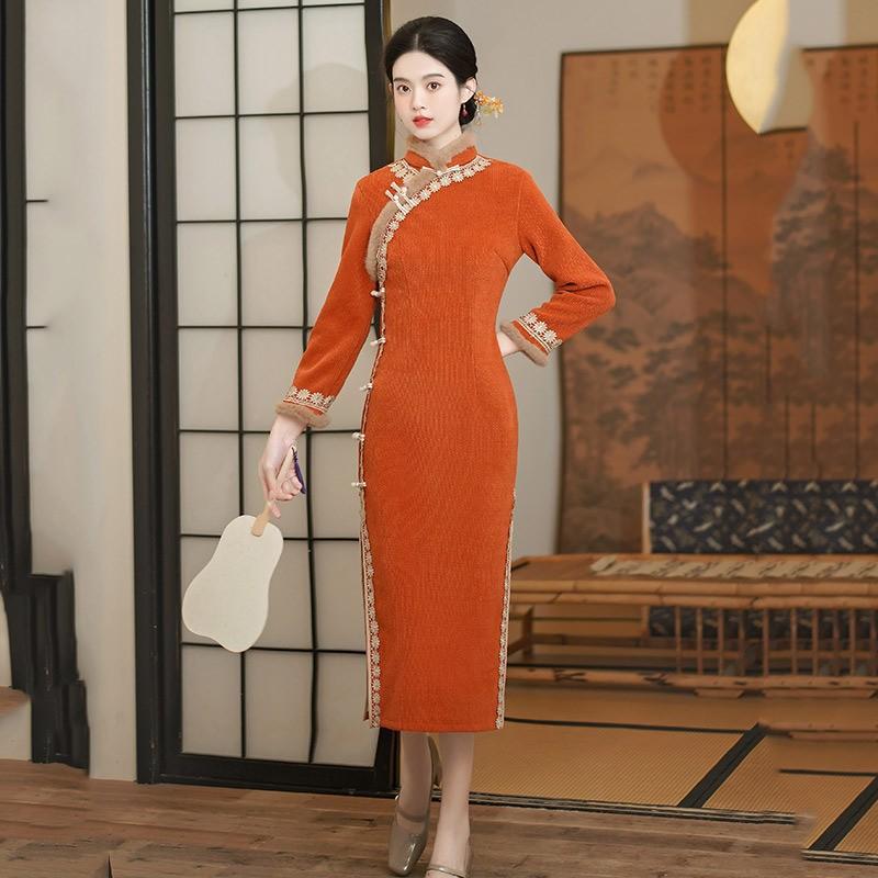 Womens Winter Chenille Qipao Dress Long Sleeve Stand Collar Retro Chinese Style Thick Warm Coat