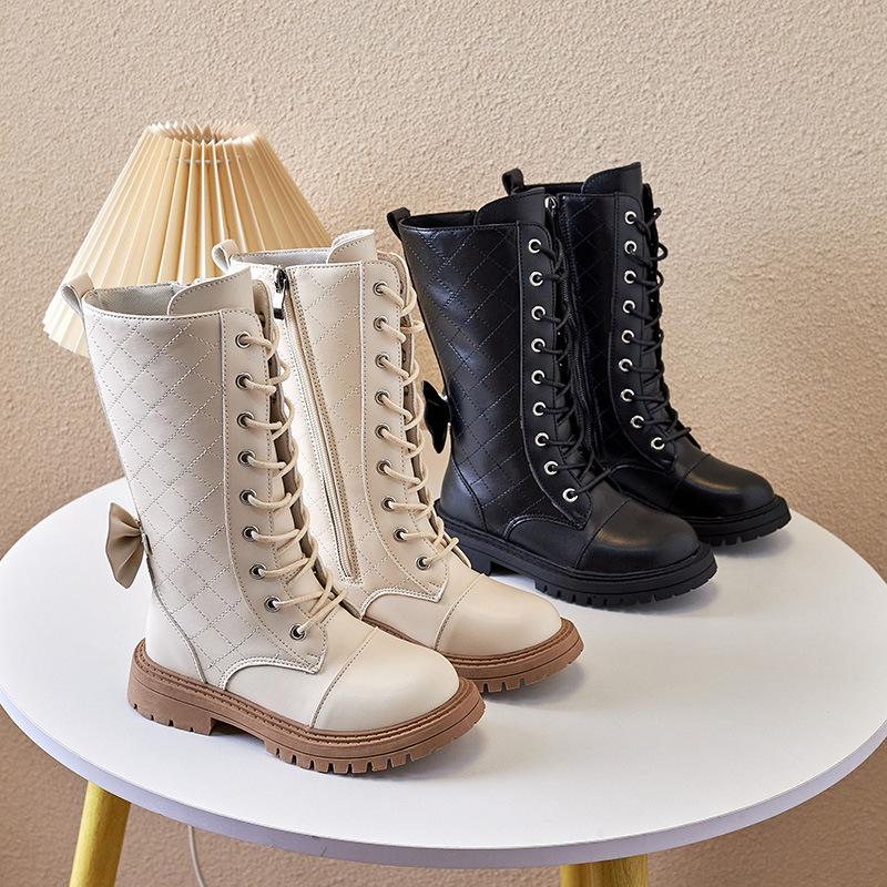 British Style Girls High Boots 2024 New Versatile Autumn and Winter Kids Soft Sole Sweet Simple Non-slip Back Bow Princess Boots
